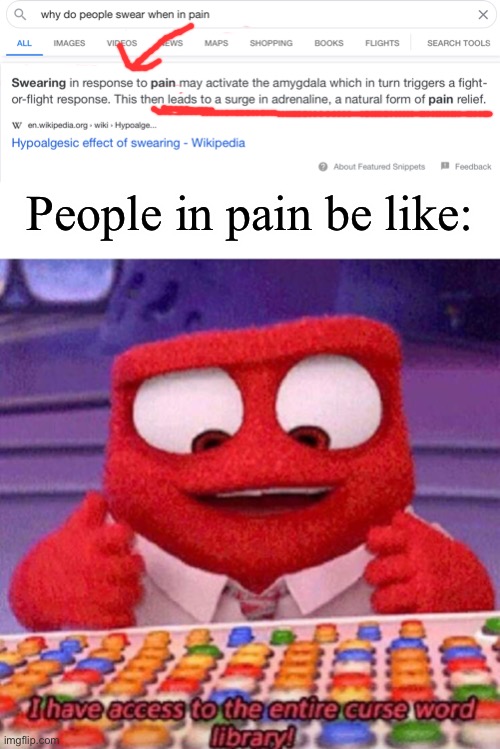 Science proves it! | People in pain be like: | image tagged in i have access to the entire curse world library,science,crazy,true | made w/ Imgflip meme maker