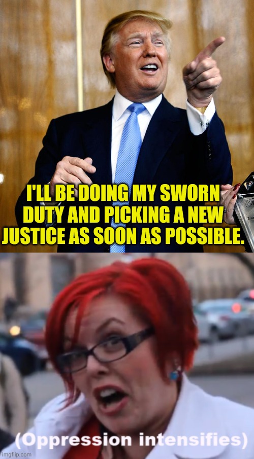 Fill The Seat | I'LL BE DOING MY SWORN DUTY AND PICKING A NEW JUSTICE AS SOON AS POSSIBLE. | image tagged in donal trump birthday,supreme court,drstrangmeme,sjw triggered,npc,leftists | made w/ Imgflip meme maker