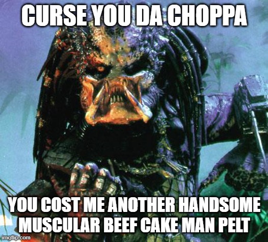 predatorbait | CURSE YOU DA CHOPPA; YOU COST ME ANOTHER HANDSOME MUSCULAR BEEF CAKE MAN PELT | image tagged in predatorbait | made w/ Imgflip meme maker