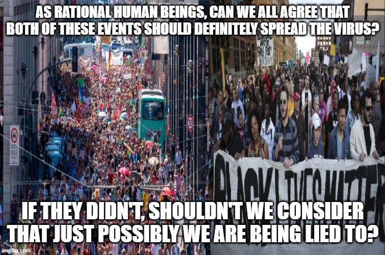 Covid Protests | AS RATIONAL HUMAN BEINGS, CAN WE ALL AGREE THAT BOTH OF THESE EVENTS SHOULD DEFINITELY SPREAD THE VIRUS? IF THEY DIDN'T, SHOULDN'T WE CONSIDER THAT JUST POSSIBLY WE ARE BEING LIED TO? | image tagged in covid gatherings | made w/ Imgflip meme maker