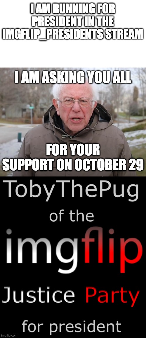 See the comment section for the imgflip Justice Party website | I AM RUNNING FOR PRESIDENT IN THE IMGFLIP_PRESIDENTS STREAM; I AM ASKING YOU ALL; FOR YOUR SUPPORT ON OCTOBER 29 | image tagged in bernie sanders once again asking,tobythepug of the imgflip justice party for president,change imgflip for good | made w/ Imgflip meme maker