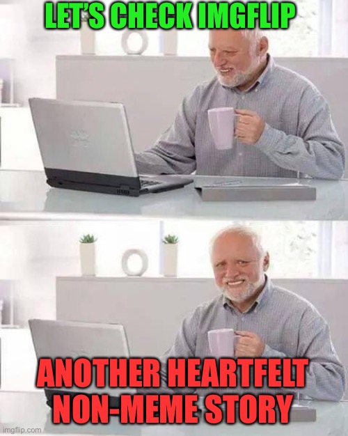 Pullin’ those heartstrings til you stop laughing entirely | LET’S CHECK IMGFLIP; ANOTHER HEARTFELT NON-MEME STORY | image tagged in memes,hide the pain harold,philosoraptor,pie charts,grumpy cat,scumbag | made w/ Imgflip meme maker