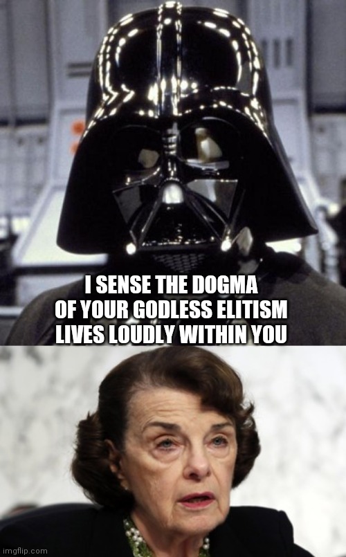 I SENSE THE DOGMA OF YOUR GODLESS ELITISM LIVES LOUDLY WITHIN YOU | image tagged in darth vader,dianne feinstein dimwit | made w/ Imgflip meme maker