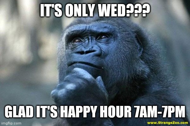 Deep Thoughts | IT'S ONLY WED??? GLAD IT'S HAPPY HOUR 7AM-7PM | image tagged in deep thoughts | made w/ Imgflip meme maker