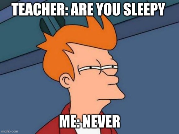 HTH | TEACHER: ARE YOU SLEEPY; ME: NEVER | image tagged in memes,futurama fry | made w/ Imgflip meme maker