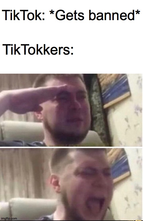 Crying salute | TikTok: *Gets banned*; TikTokkers: | image tagged in crying salute | made w/ Imgflip meme maker