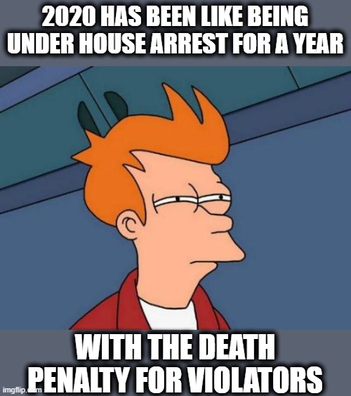 Worst. Year. Ever. Change my mind. | 2020 HAS BEEN LIKE BEING UNDER HOUSE ARREST FOR A YEAR; WITH THE DEATH PENALTY FOR VIOLATORS | image tagged in memes,futurama fry,change my mind,coronavirus,funny not funny | made w/ Imgflip meme maker