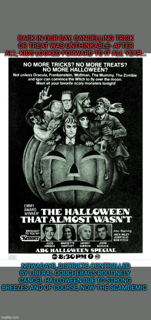 Liberals Hate Kids | BACK IN OUR DAY, CANCELLING TRICK OR TREAT WAS UNTHINKABLE- AFTER ALL, KIDS LOOKED FORWARD TO IT ALL YEAR... NOWADAYS, DISTRICTS CONTROLLED BY LIBERAL DOUCHEBAGS ROUTINELY CANCEL HALLOWEEN DUE TO STRONG BREEZES AND OF COURSE, NOW THE SCAMDEMIC | image tagged in vote,republican,libtards,suck | made w/ Imgflip meme maker