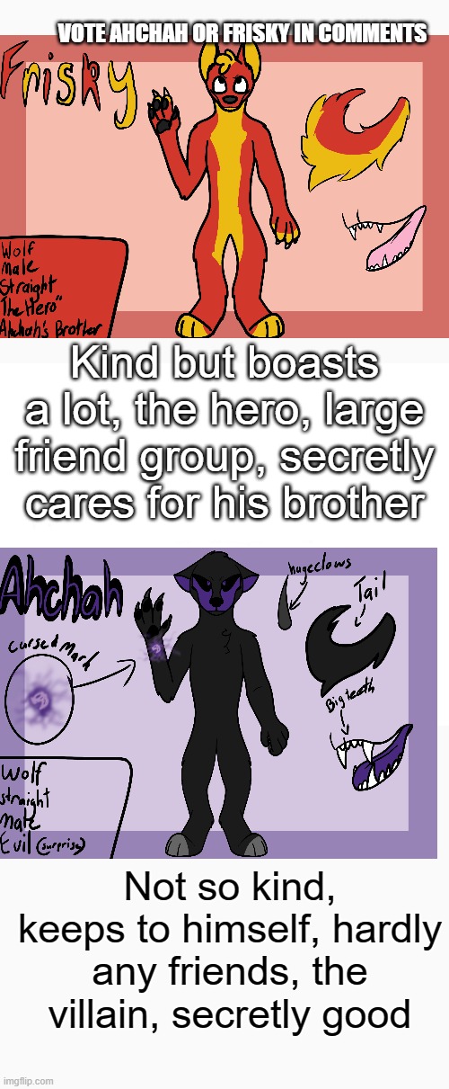 vote in comments | VOTE AHCHAH OR FRISKY IN COMMENTS; Kind but boasts a lot, the hero, large friend group, secretly cares for his brother; Not so kind, keeps to himself, hardly any friends, the villain, secretly good | image tagged in memes | made w/ Imgflip meme maker