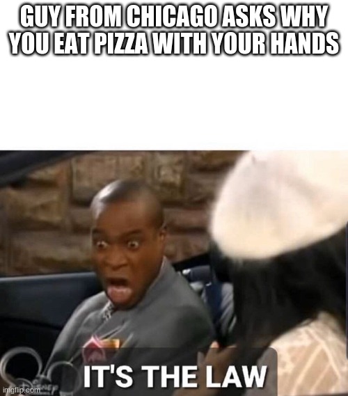 It's The Law | GUY FROM CHICAGO ASKS WHY YOU EAT PIZZA WITH YOUR HANDS | image tagged in it's the law | made w/ Imgflip meme maker