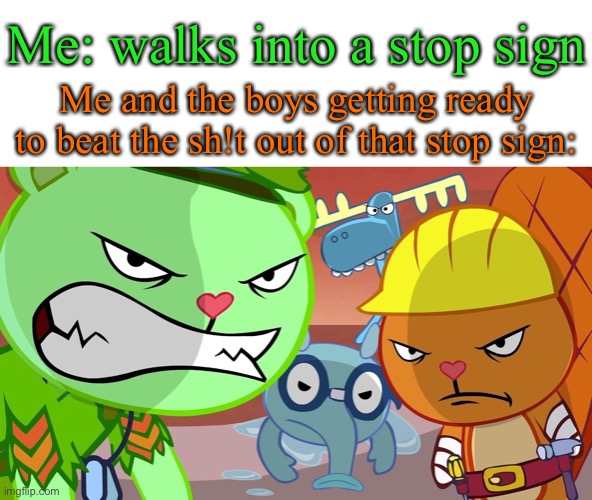 Me and the boys | Me: walks into a stop sign; Me and the boys getting ready to beat the sh!t out of that stop sign: | image tagged in htf angry faces | made w/ Imgflip meme maker
