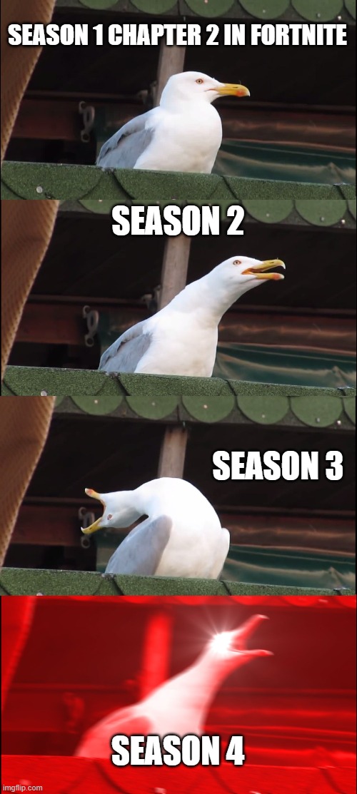 Inhaling Seagull | SEASON 1 CHAPTER 2 IN FORTNITE; SEASON 2; SEASON 3; SEASON 4 | image tagged in memes,inhaling seagull | made w/ Imgflip meme maker