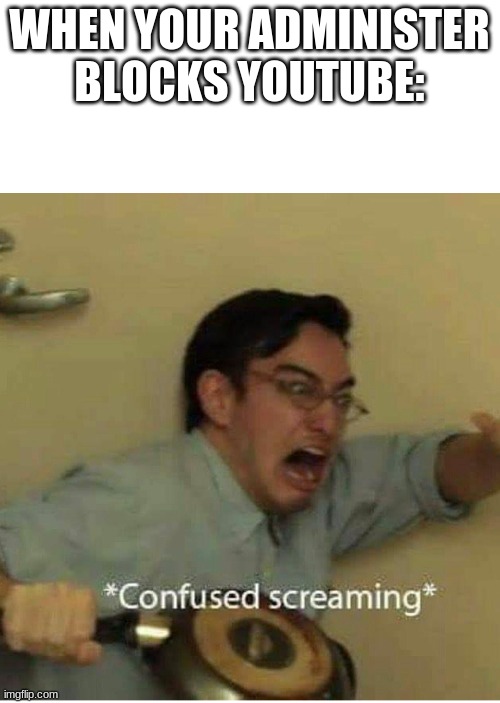 confused screaming | WHEN YOUR ADMINISTER BLOCKS YOUTUBE: | image tagged in confused screaming | made w/ Imgflip meme maker