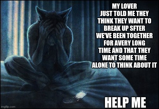 Help me | MY LOVER JUST TOLD ME THEY THINK THEY WANT TO BREAK UP SFTER WE'VE BEEN TOGETHER FOR AVERY LONG TIME AND THAT THEY WANT SOME TIME ALONE TO THINK ABOUT IT; HELP ME | image tagged in furry,furries | made w/ Imgflip meme maker