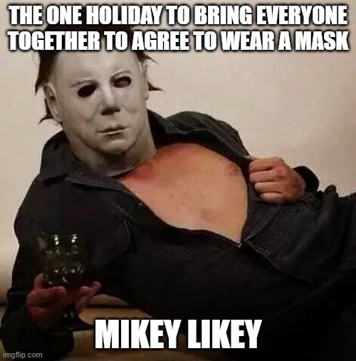 Sexy Michael Myers Halloween Tosh | THE ONE HOLIDAY TO BRING EVERYONE TOGETHER TO AGREE TO WEAR A MASK; MIKEY LIKEY | image tagged in sexy michael myers halloween tosh | made w/ Imgflip meme maker