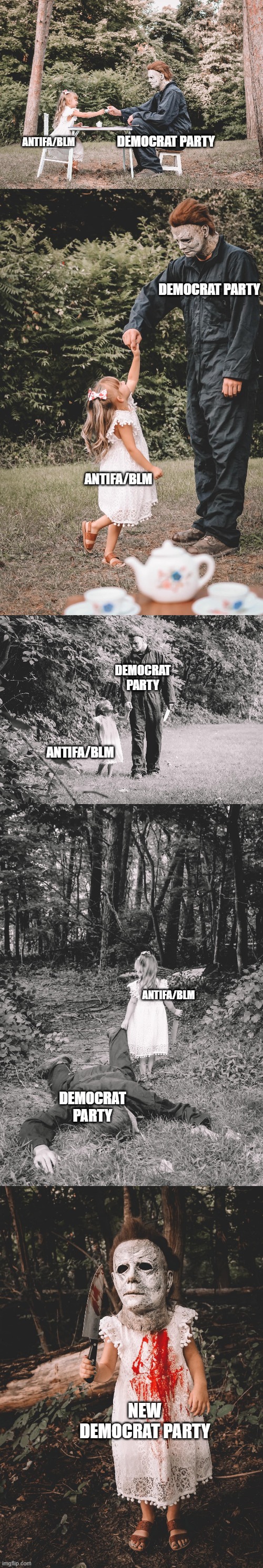 Just in time for the Halloween memes...ok  a bit early. | DEMOCRAT PARTY; ANTIFA/BLM; DEMOCRAT PARTY; ANTIFA/BLM; DEMOCRAT PARTY; ANTIFA/BLM; ANTIFA/BLM; DEMOCRAT PARTY; NEW DEMOCRAT PARTY | image tagged in halloween,antifa,blm,politics | made w/ Imgflip meme maker