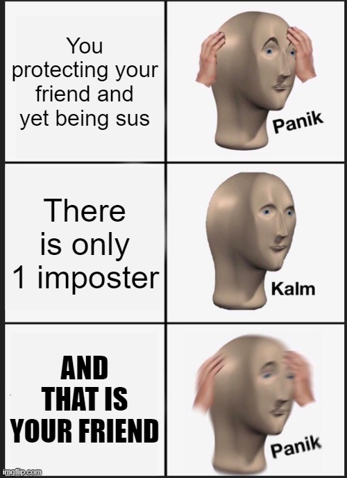 Bruh your protected the imposter | You protecting your friend and yet being sus; There is only 1 imposter; AND THAT IS YOUR FRIEND | image tagged in memes,panik kalm panik | made w/ Imgflip meme maker