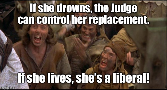 Monty Python witch | If she drowns, the Judge can control her replacement. If she lives, she’s a liberal! | image tagged in monty python witch | made w/ Imgflip meme maker