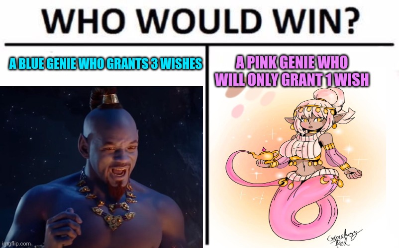 Genie vs genie | A BLUE GENIE WHO GRANTS 3 WISHES; A PINK GENIE WHO WILL ONLY GRANT 1 WISH | image tagged in aladdin,genie,magic,anime girl | made w/ Imgflip meme maker