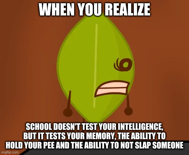 I KNOW ITS OBVIOUS BUT ITS MY FIRST MEME | WHEN YOU REALIZE; SCHOOL DOESN'T TEST YOUR INTELLIGENCE, BUT IT TESTS YOUR MEMORY, THE ABILITY TO HOLD YOUR PEE AND THE ABILITY TO NOT SLAP SOMEONE | image tagged in bfdi wat face | made w/ Imgflip meme maker