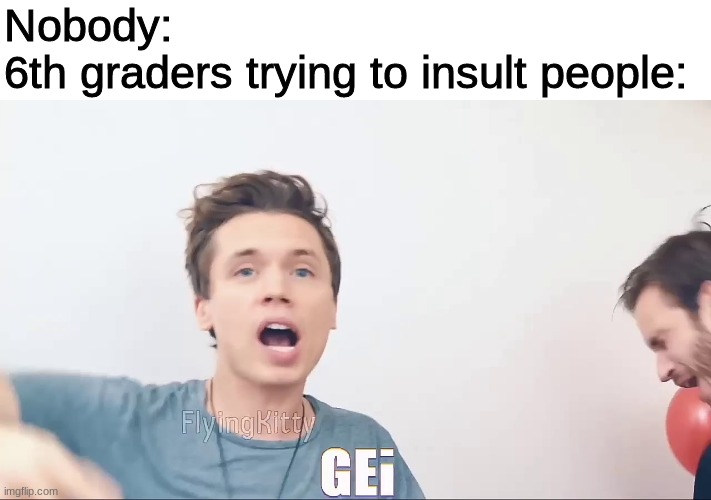  Nobody: 
6th graders trying to insult people: | image tagged in memes,funny,pewdiepie,gei,6th grader,gifs | made w/ Imgflip meme maker