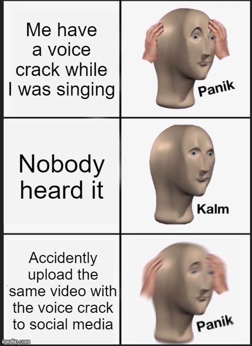 That's gonna leave a mark on ya. | Me have a voice crack while I was singing; Nobody heard it; Accidently upload the same video with the voice crack to social media | image tagged in memes,panik kalm panik,voice cracks,singing,funny meme | made w/ Imgflip meme maker