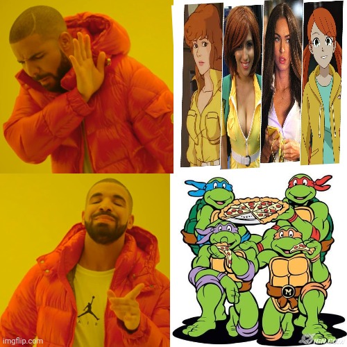 Turtles vs Aprils | image tagged in memes,drake hotline bling,tmnt,ninja turtles,april | made w/ Imgflip meme maker