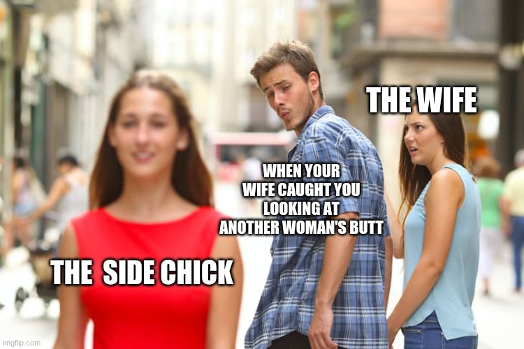 lol | THE WIFE; WHEN YOUR WIFE CAUGHT YOU LOOKING AT ANOTHER WOMAN'S BUTT; THE  SIDE CHICK | image tagged in memes,distracted boyfriend | made w/ Imgflip meme maker