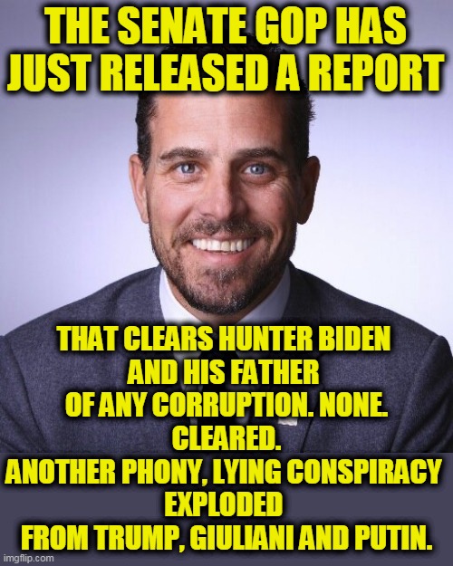 We told you all along the accusation was bullsh*t, and now the Republicans have proved it. | THE SENATE GOP HAS JUST RELEASED A REPORT; THAT CLEARS HUNTER BIDEN 
AND HIS FATHER 
OF ANY CORRUPTION. NONE.
CLEARED.
ANOTHER PHONY, LYING CONSPIRACY 
EXPLODED 
FROM TRUMP, GIULIANI AND PUTIN. | image tagged in hunter biden,clean,joe biden,mr clean,trump,liar | made w/ Imgflip meme maker
