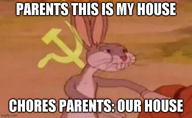 Bugs bunny communist | PARENTS THIS IS MY HOUSE; CHORES PARENTS: OUR HOUSE | image tagged in bugs bunny communist | made w/ Imgflip meme maker