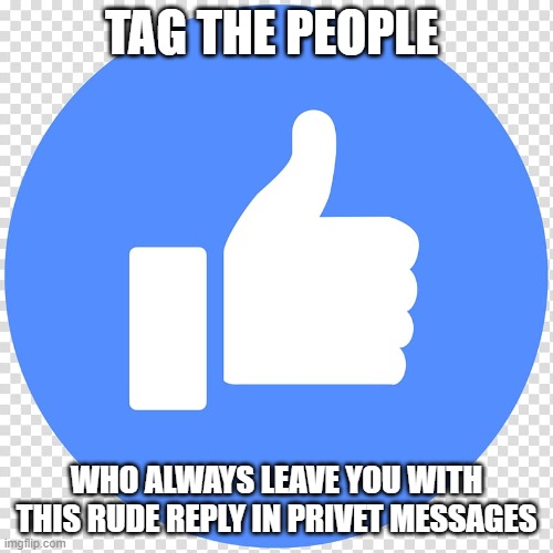 SHOW YOURSELFS!!! | TAG THE PEOPLE; WHO ALWAYS LEAVE YOU WITH THIS RUDE REPLY IN PRIVET MESSAGES | image tagged in facebook thumbs up,facebook,thumbs up,annoying,rude,friends | made w/ Imgflip meme maker