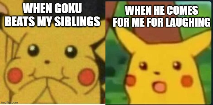 oh gosh | WHEN HE COMES FOR ME FOR LAUGHING; WHEN GOKU BEATS MY SIBLINGS | image tagged in funny memes | made w/ Imgflip meme maker