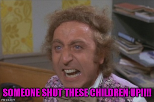 Angry Willy Wonka | SOMEONE SHUT THESE CHILDREN UP!!!! | image tagged in angry willy wonka | made w/ Imgflip meme maker