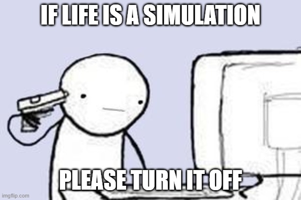 Computer Suicide | IF LIFE IS A SIMULATION; PLEASE TURN IT OFF | image tagged in computer suicide | made w/ Imgflip meme maker