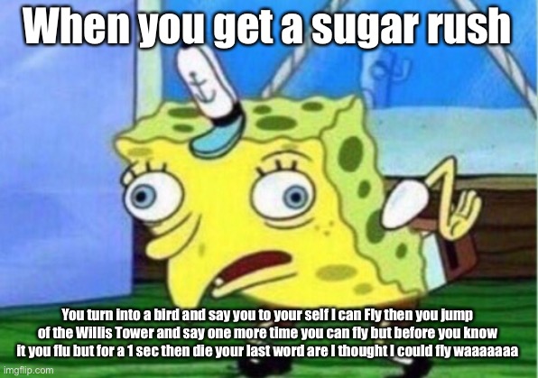 Super rush time | When you get a sugar rush; You turn into a bird and say you to your self I can Fly then you jump of the Willis Tower and say one more time you can fly but before you know it you flu but for a 1 sec then die your last word are I thought I could fly waaaaaaa | image tagged in memes,mocking spongebob | made w/ Imgflip meme maker