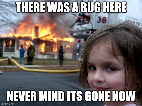 When there was a bug | THERE WAS A BUG HERE; NEVER MIND ITS GONE NOW | image tagged in memes,disaster girl | made w/ Imgflip meme maker