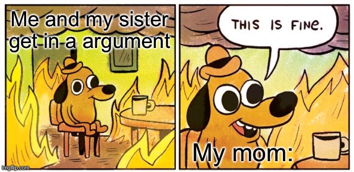 This is fine | Me and my sister get in a argument; My mom: | image tagged in memes,this is fine | made w/ Imgflip meme maker