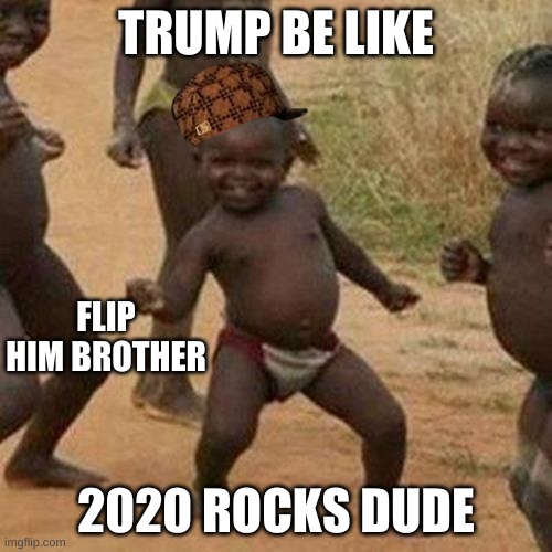 Third World Success Kid | TRUMP BE LIKE; FLIP HIM BROTHER; 2020 ROCKS DUDE | image tagged in memes,third world success kid | made w/ Imgflip meme maker