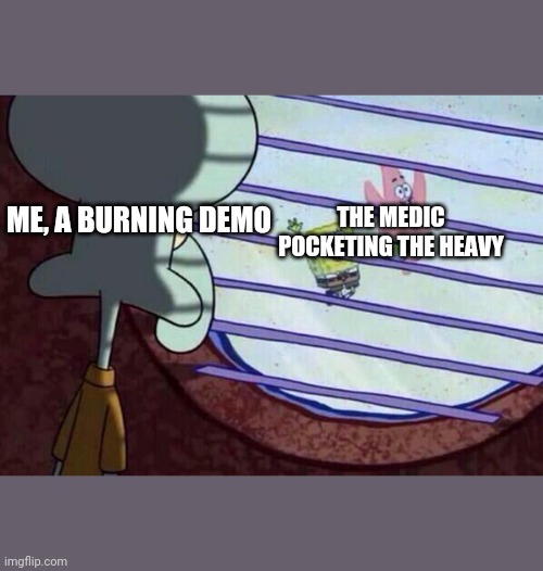 Basicly every tf2 casual | ME, A BURNING DEMO; THE MEDIC POCKETING THE HEAVY | image tagged in squidward window | made w/ Imgflip meme maker