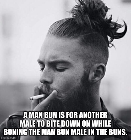 Just saying, man buns are for bottom dudes. | A MAN BUN IS FOR ANOTHER MALE TO BITE DOWN ON WHILE BONING THE MAN BUN MALE IN THE BUNS. | image tagged in hipster man bun twat,memes,gay jokes,bite,men,dirty joke | made w/ Imgflip meme maker