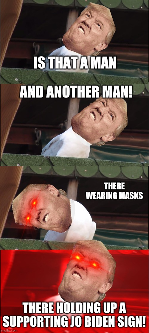 nooooooooo | IS THAT A MAN; AND ANOTHER MAN! THERE WEARING MASKS; THERE HOLDING UP A SUPPORTING JO BIDEN SIGN! | image tagged in memes,inhaling seagull,donald trump | made w/ Imgflip meme maker