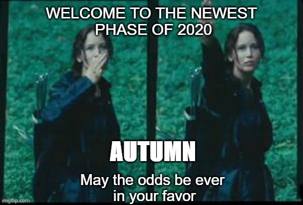 Autumn 2020 hunger games | WELCOME TO THE NEWEST 
PHASE OF 2020; AUTUMN; May the odds be ever 
in your favor | image tagged in hunger games | made w/ Imgflip meme maker