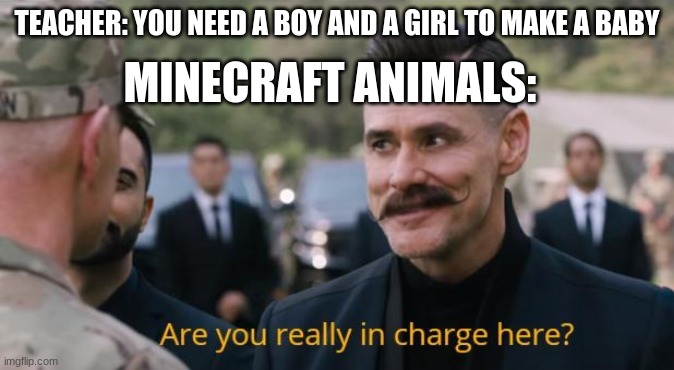 Are you really in charge here? | TEACHER: YOU NEED A BOY AND A GIRL TO MAKE A BABY; MINECRAFT ANIMALS: | image tagged in are you really in charge here | made w/ Imgflip meme maker