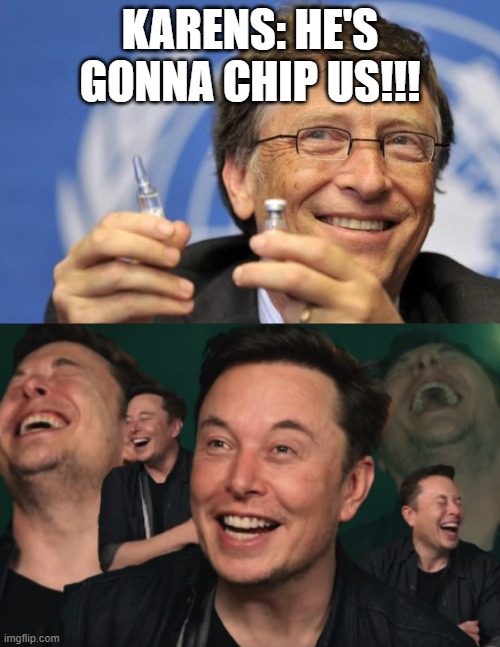 KARENS: HE'S GONNA CHIP US!!! | image tagged in elon musk laughing,bill gates loves vaccines | made w/ Imgflip meme maker