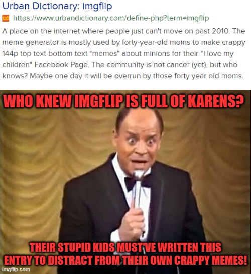 imgflip made it into Urban Dictionary... | WHO KNEW IMGFLIP IS FULL OF KARENS? THEIR STUPID KIDS MUST'VE WRITTEN THIS ENTRY TO DISTRACT FROM THEIR OWN CRAPPY MEMES! | image tagged in don rickles insult,urban dictionary imgflip | made w/ Imgflip meme maker