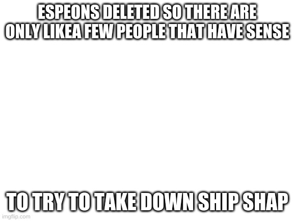 wat are ocs | ESPEONS DELETED SO THERE ARE ONLY LIKEA FEW PEOPLE THAT HAVE SENSE; TO TRY TO TAKE DOWN SHIP SHAP | image tagged in blank white template | made w/ Imgflip meme maker