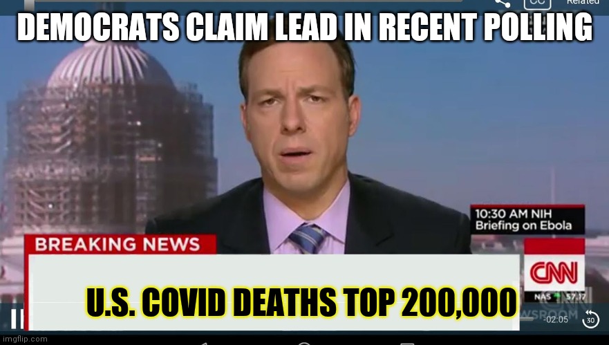 Voter registration at all time high | DEMOCRATS CLAIM LEAD IN RECENT POLLING; U.S. COVID DEATHS TOP 200,000 | image tagged in cnn breaking news template | made w/ Imgflip meme maker
