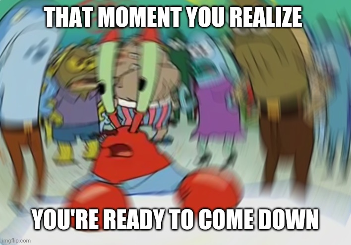 Too high | THAT MOMENT YOU REALIZE; YOU'RE READY TO COME DOWN | image tagged in memes,mr krabs blur meme | made w/ Imgflip meme maker