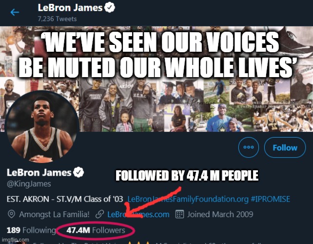 THE MAN WITH NO VOICE | ‘WE’VE SEEN OUR VOICES BE MUTED OUR WHOLE LIVES’; FOLLOWED BY 47.4 M PEOPLE | image tagged in lebron james,blm,whining | made w/ Imgflip meme maker