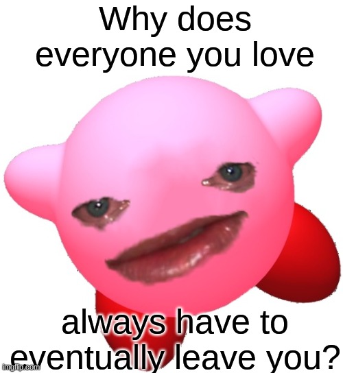*crying in the corner* | Why does everyone you love; always have to eventually leave you? | image tagged in sad kirby | made w/ Imgflip meme maker